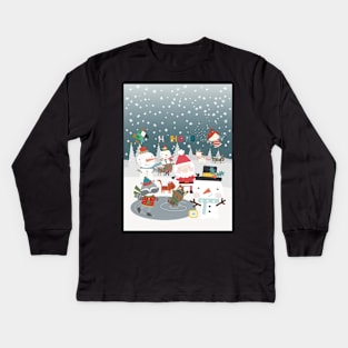 Fun greeting card with Santa and friends having a Christmas party outside Kids Long Sleeve T-Shirt